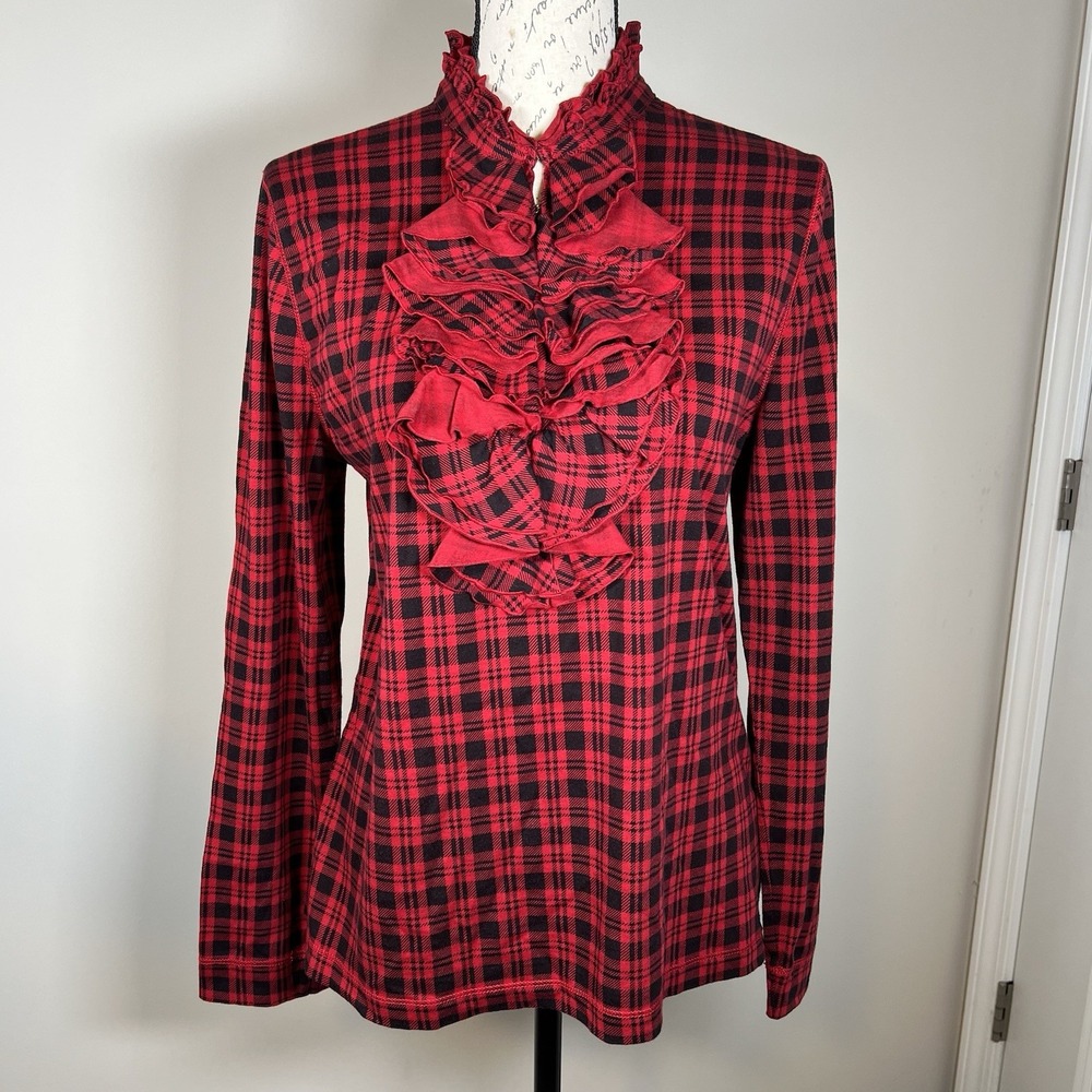 Lauren Ralph Lauren Red Black Tartan Plaid Ruffle Front Bib Blouse L Victorian